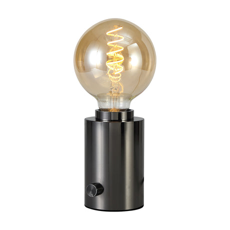 Delp E27 Table Lamp in pearl black finish, cylindrical iron base with rotary dimmer knob, fitted with a large amber globe bulb, shown on a plain white background.