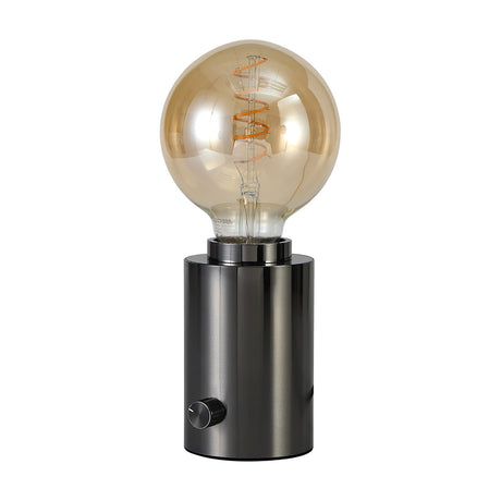 Delp E27 Table Lamp with cylindrical pearl black base, rotary dimmer knob, and large amber globe bulb with visible spiral filament, shown on a white background.