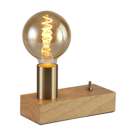 Fike E27 wood table lamp with antique brass holder, rectangular timber base, toggle switch, and exposed globe bulb, shown on a plain white background.