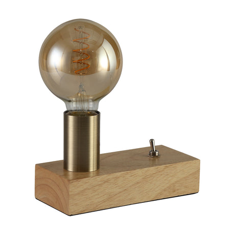 Fike E27 wood table lamp with antique brass holder, rectangular wood base, toggle switch, and a large globe bulb, shown on a plain white background.
