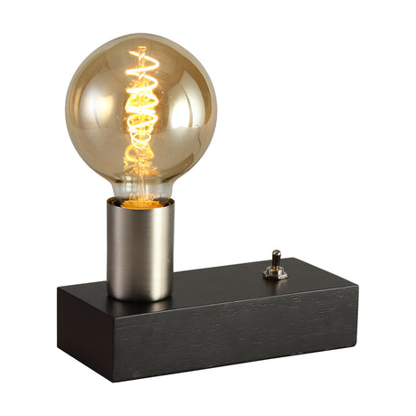 Fike E27 Table Lamp with black wood base and satin nickel holder, toggle switch on the body, shown with a lit decorative globe bulb on a white background.