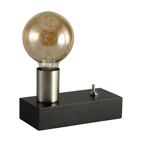 Fike E27 Table Lamp with rectangular black wood base, satin nickel bulb holder, toggle switch, and exposed amber globe bulb, shown on a plain white background.