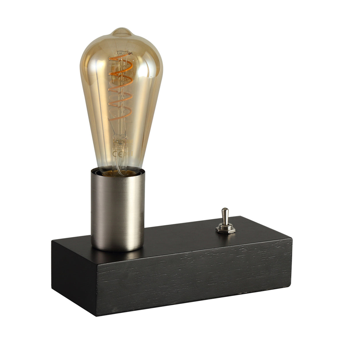 Fike E27 Table Lamp with rectangular black wood base, satin nickel bulb holder, toggle switch, and exposed amber Edison bulb on a plain white background.