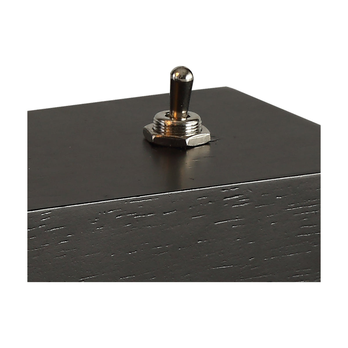 Close-up of the Fike E27 Table Lamp base in black wood with a satin nickel toggle switch mounted on top, shown against a plain white background.