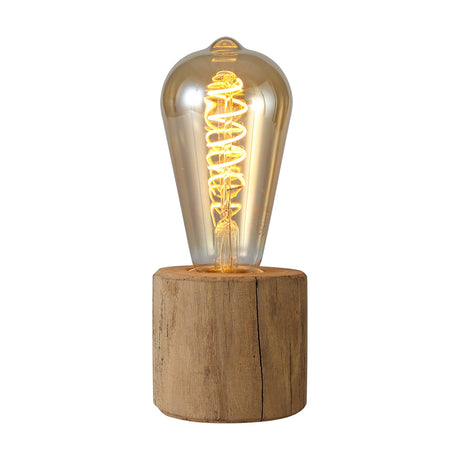 Aida E27 Table Lamp 10cm in wood, a small cylindrical wooden base holding an amber teardrop-shaped bulb with visible spiral filament, shown on a plain white background.