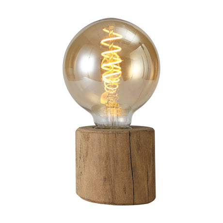 Aida E27 Table Lamp with a small round wood base holding an amber G95 globe bulb with visible spiral filament, shown on a plain white background.