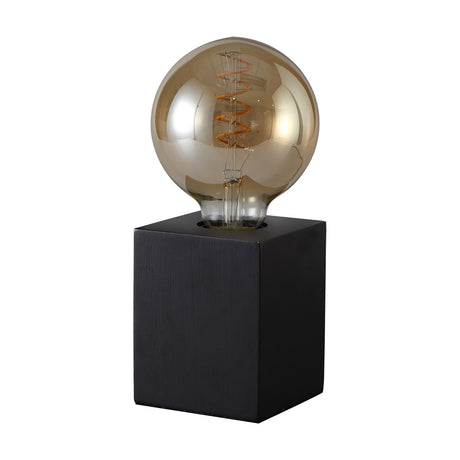 Aida E27 Table Lamp with small square black wood base and exposed E27 socket, shown with a large amber globe bulb on a plain white background.