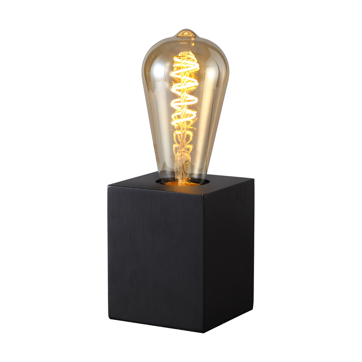 Aida E27 Table Lamp in black, a small square wooden base with an exposed E27 bulb fitted on top, shown on a plain white background.
