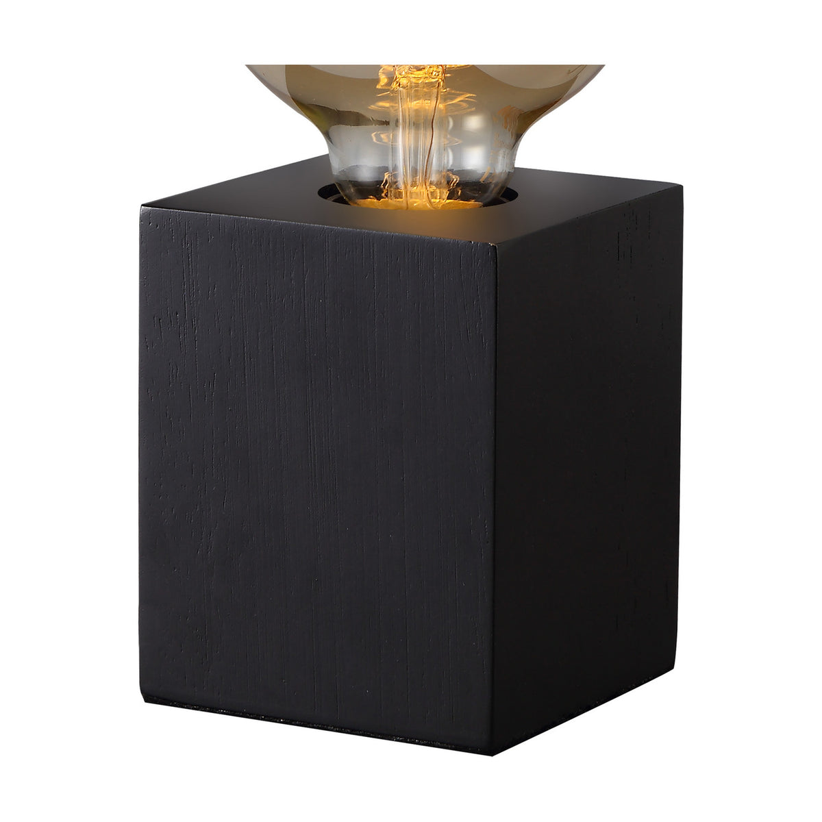Aida E27 Table Lamp base in matte black wood, square 80mm footprint with the E27 socket exposed at the top, shown with an amber bulb against a white background.