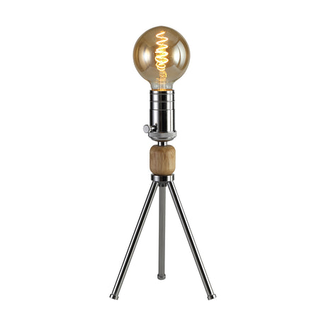 Tripp E27 Table Lamp with tripod chrome legs and wood detail, E27 globe bulb fitted, on a plain white background.