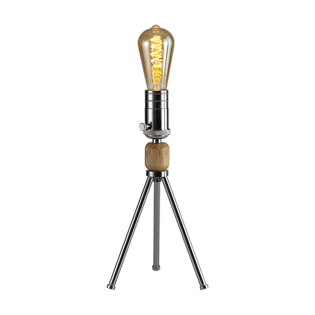 Tripp E27 Table Lamp in polished chrome with a tripod base and wood finial, shown with an amber E27 bulb against a plain white background.