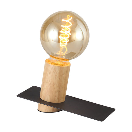 Bret E27 table lamp with black flat base and wood cylindrical socket holder, fitted with a large amber globe filament bulb, shown on a plain white background.