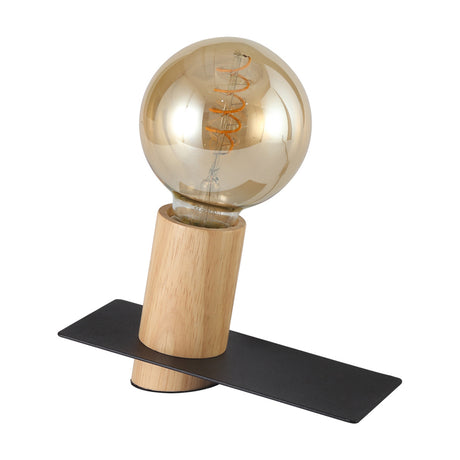 Bret E27 Table Lamp in black, featuring a wood cylindrical base on a flat black rectangular plate, holding a large amber globe bulb with visible filament, shown on a plain white background.