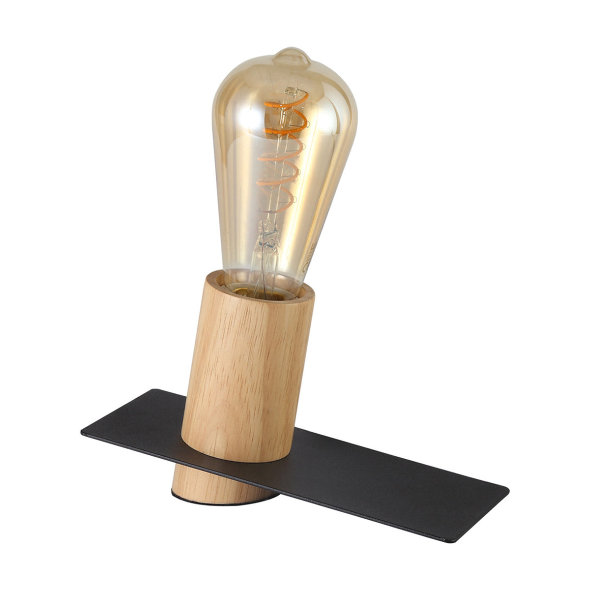 Bret E27 Table Lamp 18cm in black, featuring a wooden cylindrical bulb holder on a flat black metal base, shown with an ST64 filament bulb on a plain white background.