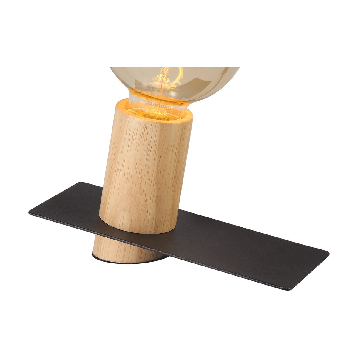 Close-up of the Bret E27 Table Lamp in black, showing a wooden cylindrical bulb holder on a flat rectangular black metal base, fitted with a lit amber globe bulb, plain white background.
