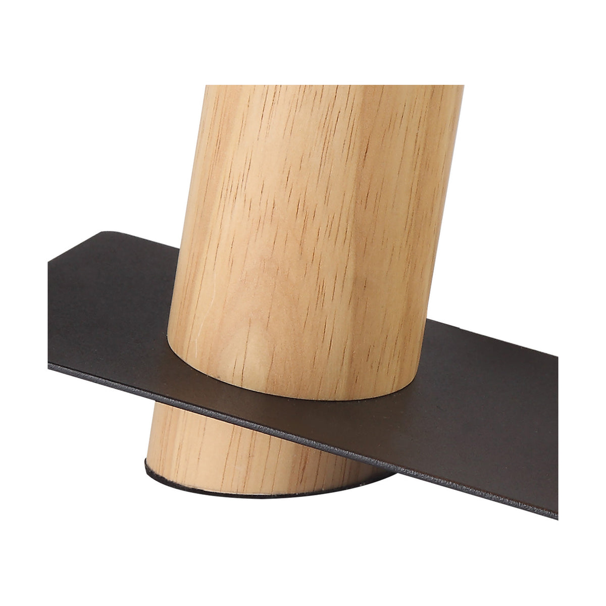Close-up of the Bret E27 Table Lamp base, showing a natural wood cylindrical stem set into a matte black flat metal foot, on a plain white background.