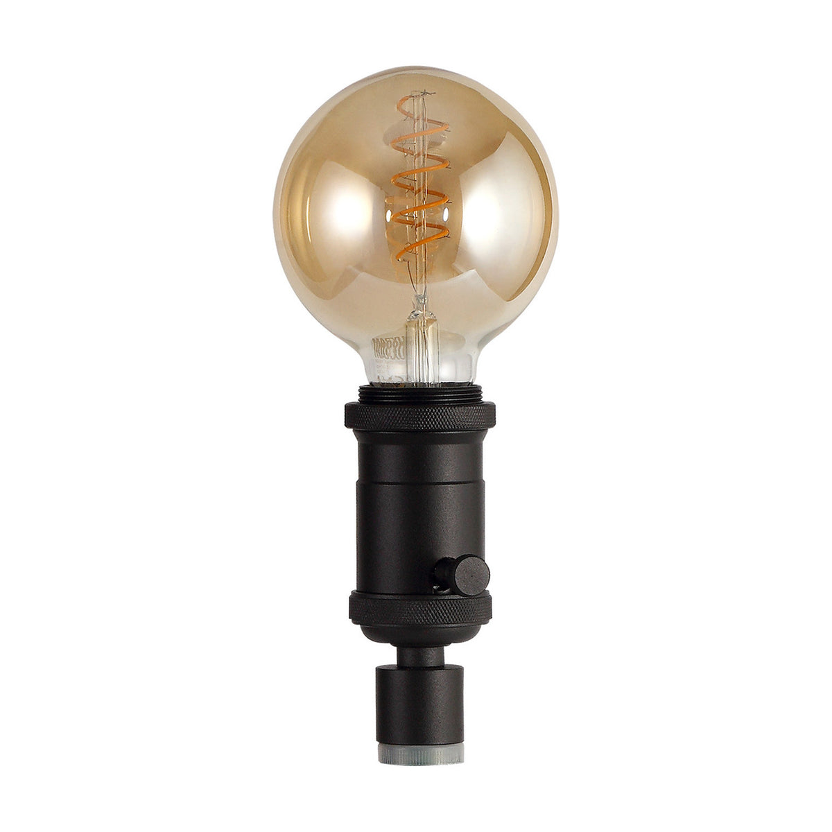 Kork E27 Table Lamp 60mm in black iron, a bottle-neck lamp holder with rotary switch, shown fitted with a large amber globe bulb on a plain white background.