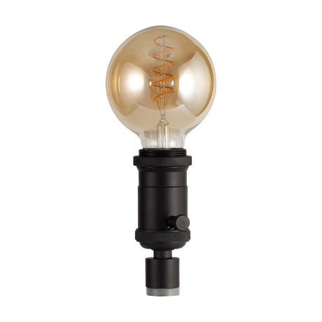 Kork E27 Table Lamp 60mm in black iron, a bottle-neck lamp holder with rotary switch, shown fitted with a large amber globe bulb on a plain white background.