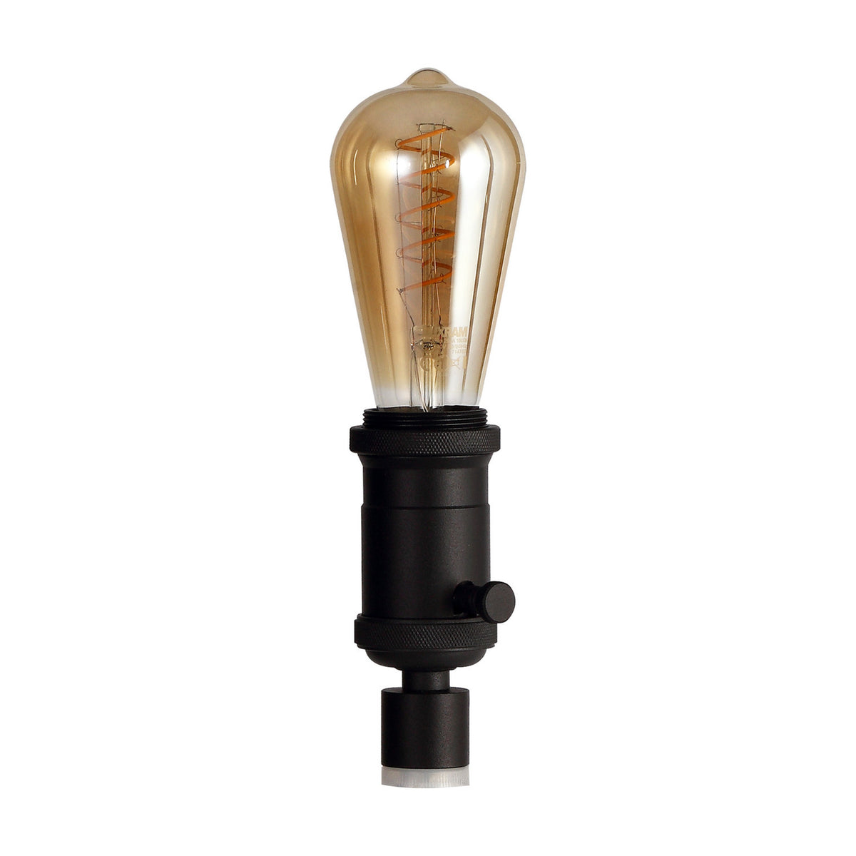 Kork E27 Table Lamp 60mm in black, a compact iron bottle-neck lamp fitting with rotary switch, shown with an amber Edison bulb on a white background.