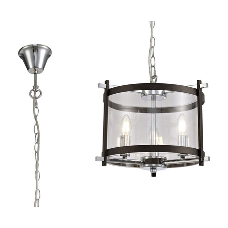 Nolan 3 Light E14 Pendant, 36cm drum-style fitting with brown oxide frame, polished chrome details, clear glass shade, hanging chain and ceiling rose on a white background.
