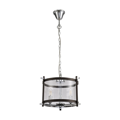 Nolan 3 Light E14 Pendant Light, 36cm drum-style cylindrical shade with clear glass panels and brown oxide frame, chrome chain and ceiling rose, on a white background.
