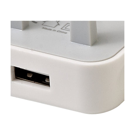 Close-up of the Additions 1A Plug 48mm Long in white, showing the USB port, grey UK pins, and compact polycarbonate body on a plain background.