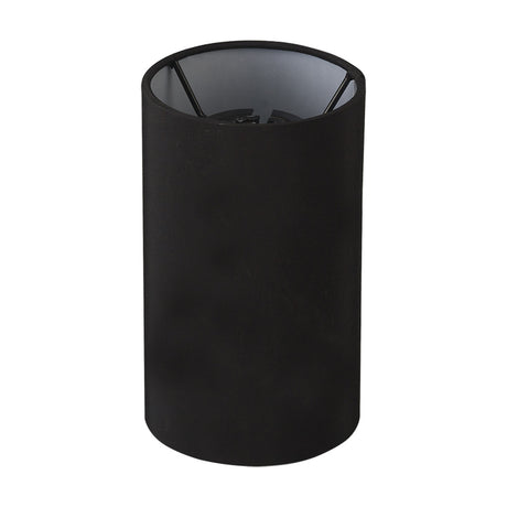 Serena Lamp Shade in black faux silk, a slim cylinder shape with white laminate lining and visible fitting struts inside, shown on a plain white background.