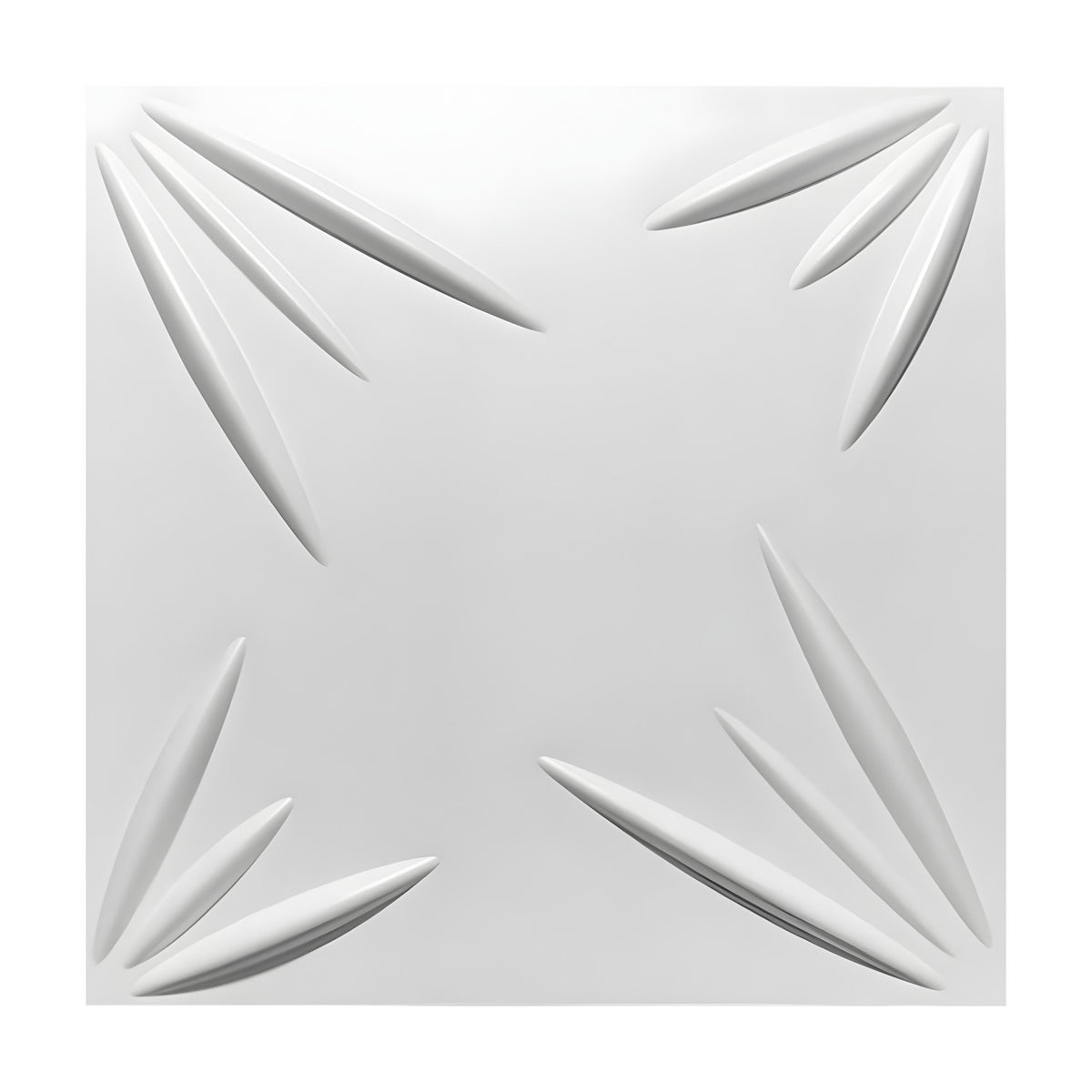 White square 3D PVC wall panel, 50 x 50cm, with slender pointed leaf-like blades fanning inward from each corner, centre left flat and plain.