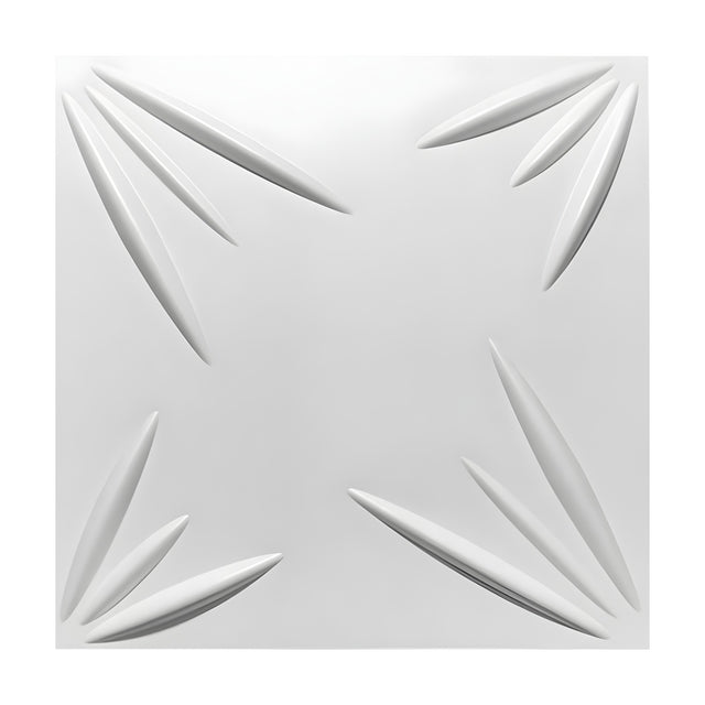 White square 3D PVC wall panel, 50 x 50cm, with slender pointed leaf-like blades fanning inward from each corner, centre left flat and plain.