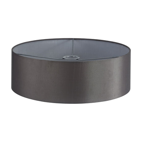 Serena 45cm drum lamp shade in grey faux silk with white laminate lining, wide shallow shape on a plain white background.
