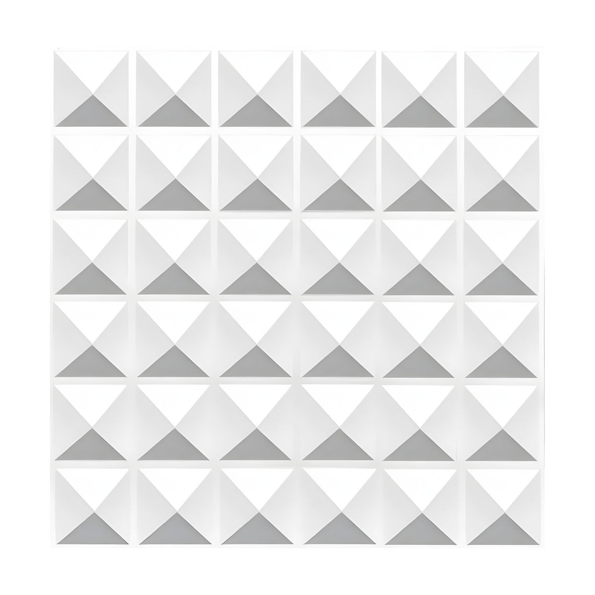 White 3D PVC wall panel, 50 x 50cm, with thirty-six square pyramids in six rows of six, each with triangular faces casting shadow, shown on a plain white background.