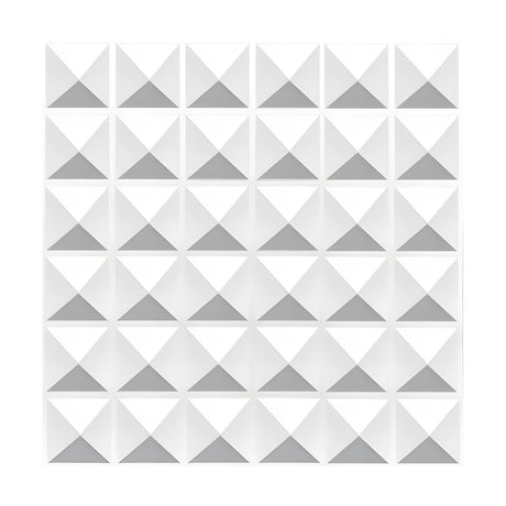 White 3D PVC wall panel, 50 x 50cm, with thirty-six square pyramids in six rows of six, each with triangular faces casting shadow, shown on a plain white background.