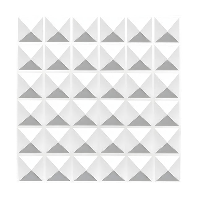 White 3D PVC wall panel, 50 x 50cm, with thirty-six square pyramids in six rows of six, each with triangular faces casting shadow, shown on a plain white background.