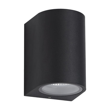 Tomar Curved Outdoor Wall Light 10cm in sand black aluminium, cylindrical body with clear glass lens and single GU10 bulb, shown against a plain white background.