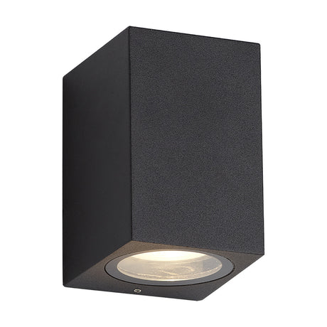 Tomar rectangular outdoor wall light in sand black textured aluminium, single GU10 downlight with clear lens, shown on a plain white background.