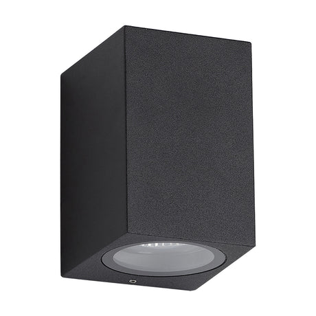 Tomar Rectangle Outdoor Wall Light in sand black, a small square aluminium fitting with a clear GU10 lens on the front face, shown on a plain white background.