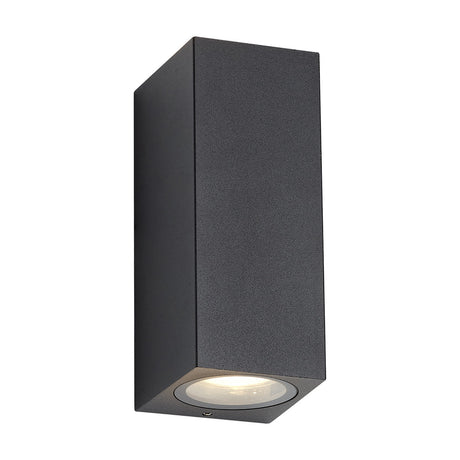 Tomar 2 Light Rectangle Outdoor Wall Light in sand black, matt aluminium finish with clear diffuser panels top and bottom, shown on a plain white background.