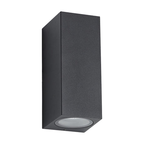 Tomar 2 Light Rectangle Outdoor Wall Light in sand black, showing a slim aluminium rectangular fitting with a clear diffuser panel at the base, on a white background.