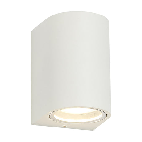 Tomar Curved Outdoor Wall Light in sand white aluminium, 10cm cylindrical design with clear lens and GU10 downlight, shown on a plain white background.