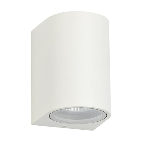 Tomar curved outdoor wall light in sand white aluminium, cylindrical shape with clear GU10 lens at the base, shown on a plain white background.