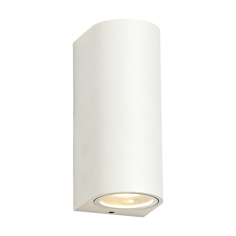 Tomar 2 Light Curved Outdoor Wall Light in sand white, showing its slim curved body with clear glass diffusers at the top and bottom, shown on a plain white background.