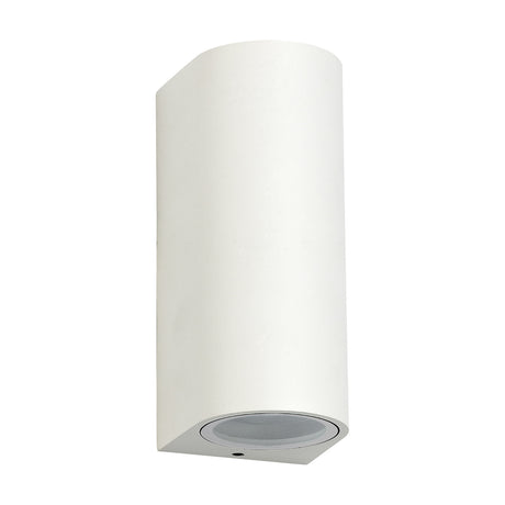 Tomar 2 Light Curved Outdoor Wall Light in sand white, cylindrical body with clear glass diffuser and GU10 lamp visible at the base, shown on a plain white background.