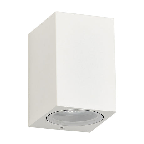 Tomar Rectangle Outdoor Wall Light in sand white aluminium, 10cm high, with clear glass diffuser and GU10 lamp fitting, shown on a plain white background.