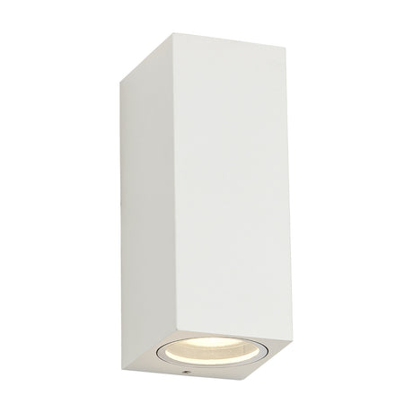 Tomar 2 Light Rectangle Outdoor Wall Light in sand white, a narrow upright casing with a clear glass diffuser and downward-facing lit spot, shown on a plain white background.