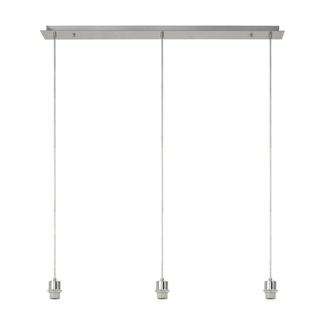 Baymont 3 Light Pendant, satin nickel ceiling bar with three bare E27 lampholders on adjustable suspension cords, shown on a plain white background.