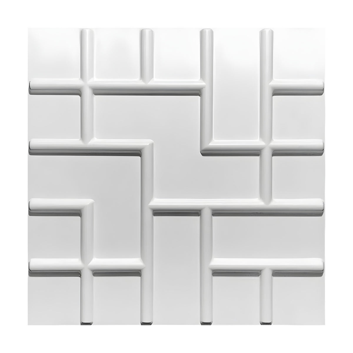White PVC 3D wall panel, 50 x 50cm square, with raised rounded bars forming a geometric maze-like grid pattern, shown on a plain white background.