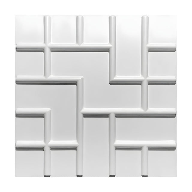 White PVC 3D wall panel, 50 x 50cm square, with raised rounded bars forming a geometric maze-like grid pattern, shown on a plain white background.