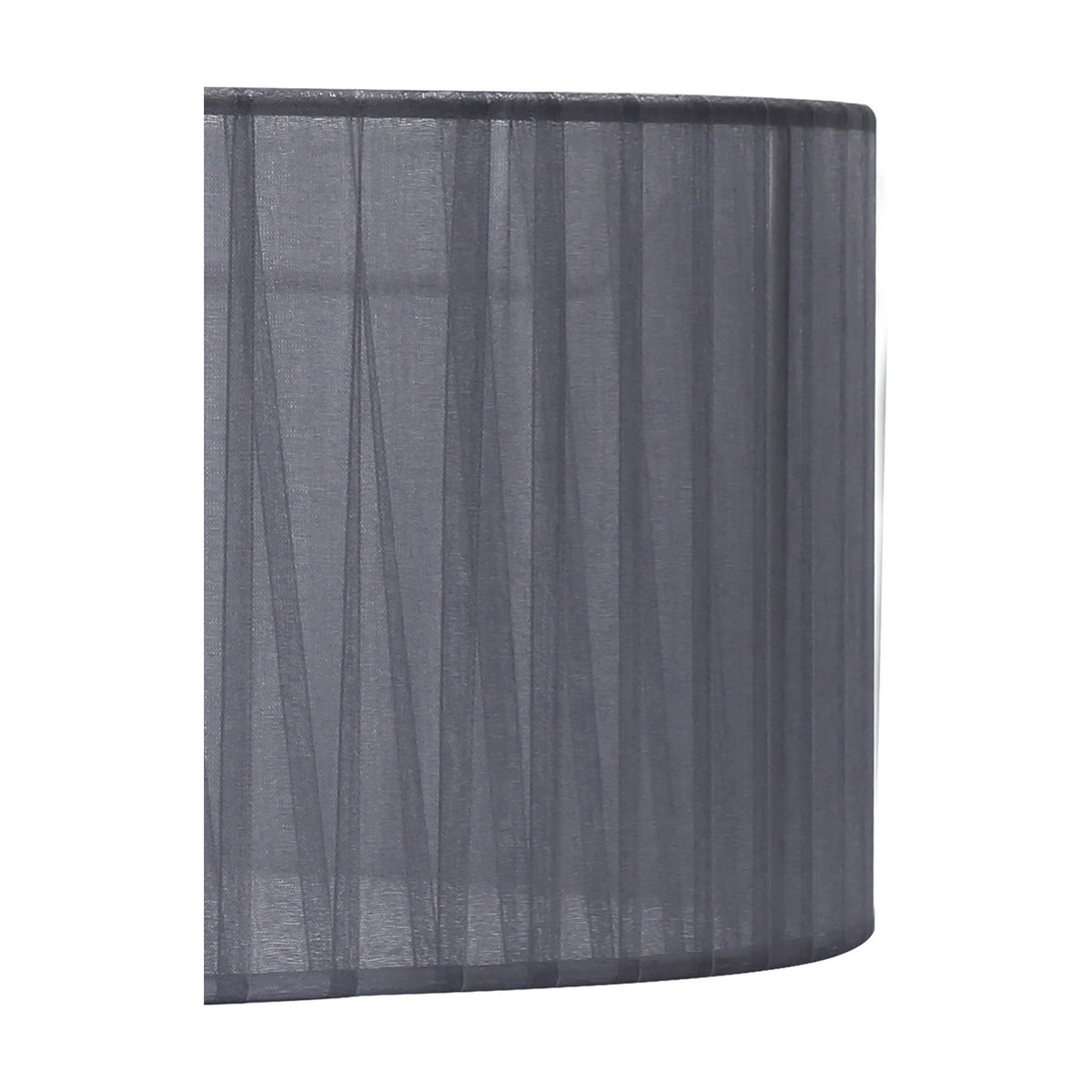 Close-up of the Serena 45cm drum lamp shade in grey organza fabric, showing the sheer pleated texture and rolled edge against a plain white background.