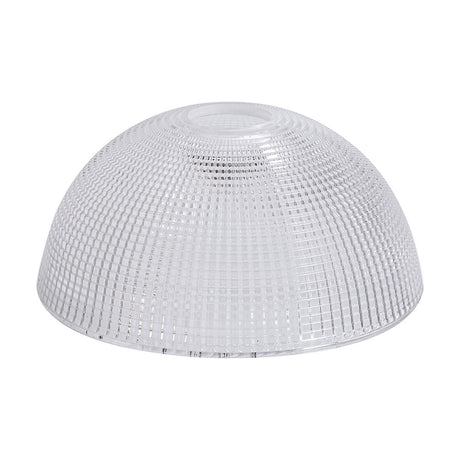 Gilda Dome Lamp Shade in clear glass, 20cm, shallow dome shape with a prismatic textured surface and small top fitter hole, shown on a plain white background.