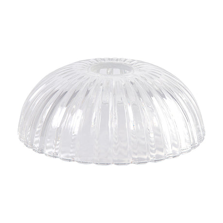 Gilda Shallow Lamp Shade 20cm in clear glass with a ribbed, shell-like fluted surface, set against a plain white background.